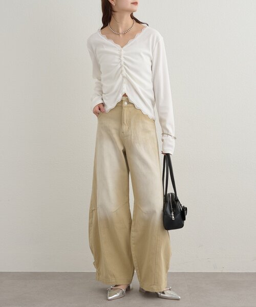 mystic（ミスティック）の「【柔らかリブ素材】ギャザーレースリブカーディガン（Tシャツ/カットソー・レディース・グレー/オフホワイト/ブルー・FREE）」の7枚目の写真