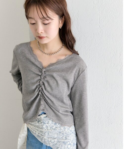 mystic（ミスティック）の「【柔らかリブ素材】ギャザーレースリブカーディガン（Tシャツ/カットソー・レディース・グレー/オフホワイト/ブルー・FREE）」の5枚目の写真