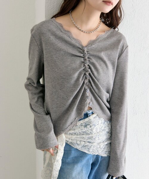 mystic（ミスティック）の「【柔らかリブ素材】ギャザーレースリブカーディガン（Tシャツ/カットソー・レディース・グレー/オフホワイト/ブルー・FREE）」の15枚目の写真