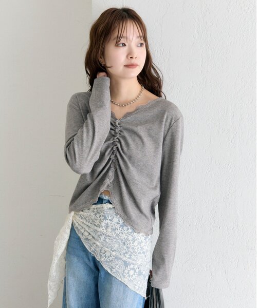 mystic（ミスティック）の「【柔らかリブ素材】ギャザーレースリブカーディガン（Tシャツ/カットソー・レディース・グレー/オフホワイト/ブルー・FREE）」の16枚目の写真