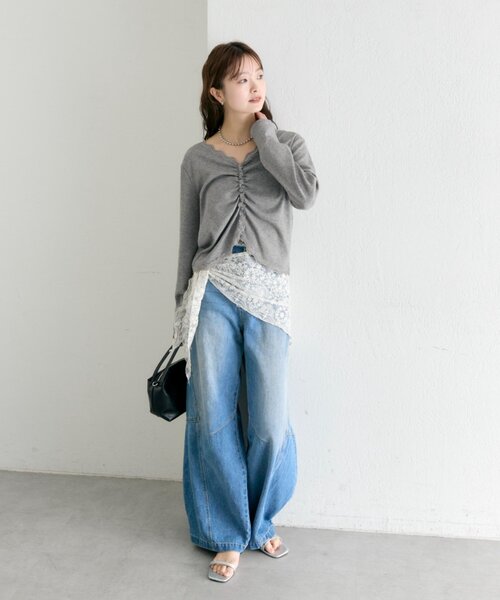 mystic（ミスティック）の「【柔らかリブ素材】ギャザーレースリブカーディガン（Tシャツ/カットソー・レディース・グレー/オフホワイト/ブルー・FREE）」の17枚目の写真