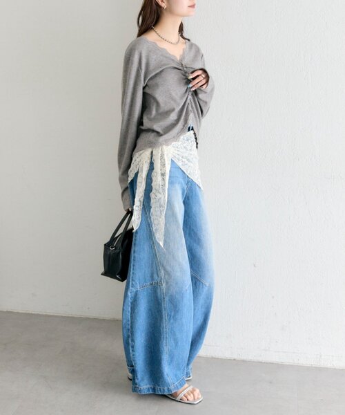 mystic（ミスティック）の「【柔らかリブ素材】ギャザーレースリブカーディガン（Tシャツ/カットソー・レディース・グレー/オフホワイト/ブルー・FREE）」の18枚目の写真