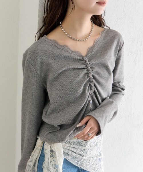 mystic（ミスティック）の「【柔らかリブ素材】ギャザーレースリブカーディガン（Tシャツ/カットソー・レディース・グレー/オフホワイト/ブルー・FREE）」の20枚目の写真