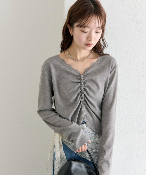 mystic（ミスティック）の「【柔らかリブ素材】ギャザーレースリブカーディガン（Tシャツ/カットソー・レディース・グレー/オフホワイト/ブルー・FREE）」の21枚目の写真