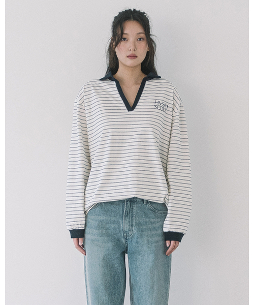 Stripe V‑neck Collar L/S Tee — рубашка с V‑образным вырезом и воротником, слоновая кость (ivory)