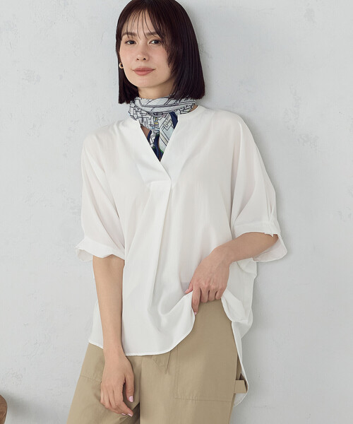 COMME CA ISM(コムサイズム)の「ポリエステルデシン スキッパーTブラウス(シャツ/ブラウス・レディース・ネイビー/ホワイト/ネイビー系/ホワイト×グレー・FREE)」の18枚目の写真