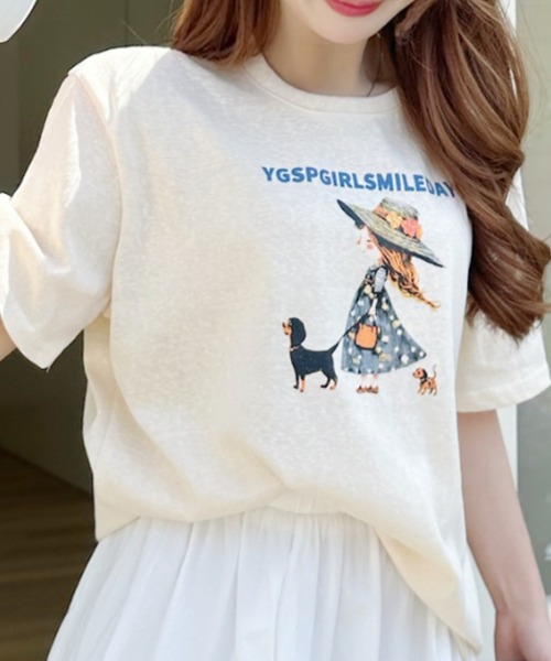 Ada.(エイダ)の「ガールウィズドッグ レトロプリント 半袖Tシャツ(Tシャツ/カットソー・レディース・イエロー/ホワイト/グレー・FREE)」の21枚目の写真