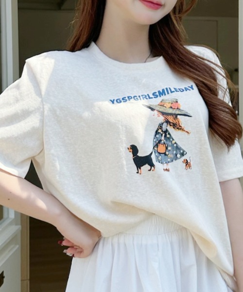 Ada.(エイダ)の「ガールウィズドッグ レトロプリント 半袖Tシャツ(Tシャツ/カットソー・レディース・イエロー/ホワイト/グレー・FREE)」の6枚目の写真