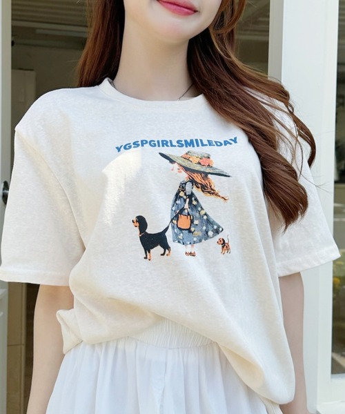 Ada.(エイダ)の「ガールウィズドッグ レトロプリント 半袖Tシャツ(Tシャツ/カットソー・レディース・イエロー/ホワイト/グレー・FREE)」の7枚目の写真