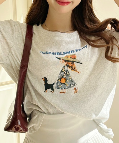 Ada.(エイダ)の「ガールウィズドッグ レトロプリント 半袖Tシャツ(Tシャツ/カットソー・レディース・イエロー/ホワイト/グレー・FREE)」の8枚目の写真