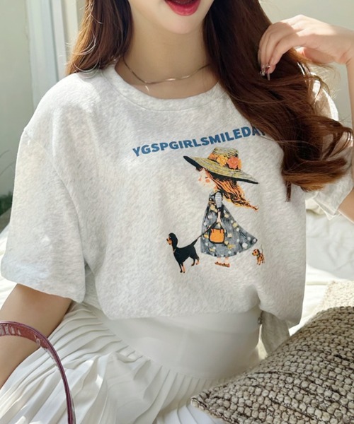 Ada.(エイダ)の「ガールウィズドッグ レトロプリント 半袖Tシャツ(Tシャツ/カットソー・レディース・イエロー/ホワイト/グレー・FREE)」の10枚目の写真
