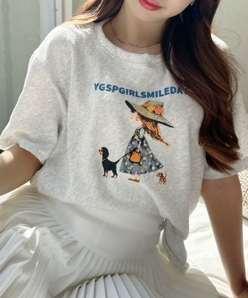 Ada.(エイダ)の「ガールウィズドッグ レトロプリント 半袖Tシャツ(Tシャツ/カットソー・レディース・イエロー/ホワイト/グレー・FREE)」の11枚目の写真