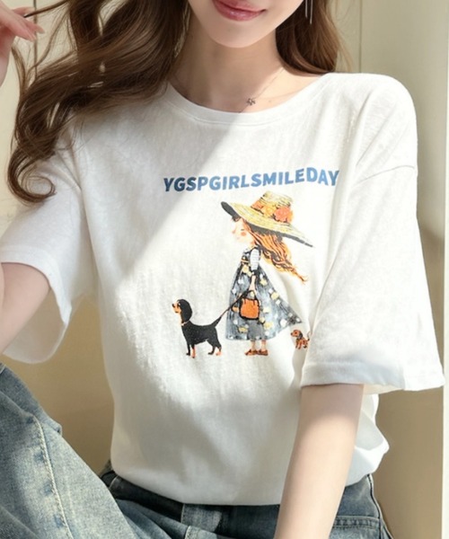 Ada.(エイダ)の「ガールウィズドッグ レトロプリント 半袖Tシャツ(Tシャツ/カットソー・レディース・イエロー/ホワイト/グレー・FREE)」の14枚目の写真