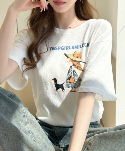 Ada.(エイダ)の「ガールウィズドッグ レトロプリント 半袖Tシャツ(Tシャツ/カットソー・レディース・イエロー/ホワイト/グレー・FREE)」の16枚目の写真