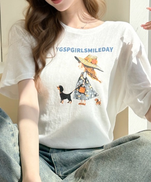 Ada.(エイダ)の「ガールウィズドッグ レトロプリント 半袖Tシャツ(Tシャツ/カットソー・レディース・イエロー/ホワイト/グレー・FREE)」の17枚目の写真