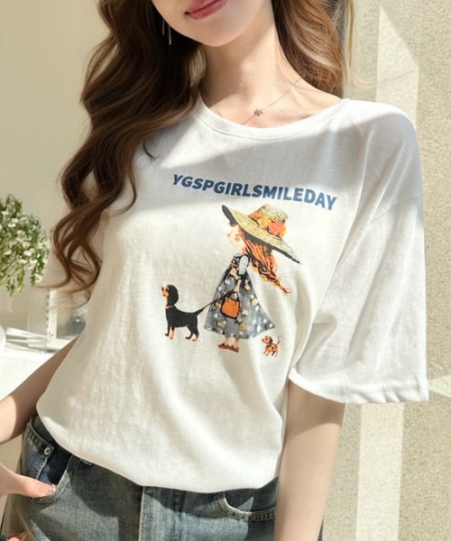 Ada.(エイダ)の「ガールウィズドッグ レトロプリント 半袖Tシャツ(Tシャツ/カットソー・レディース・イエロー/ホワイト/グレー・FREE)」の19枚目の写真