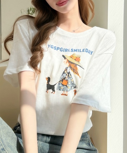 Ada.(エイダ)の「ガールウィズドッグ レトロプリント 半袖Tシャツ(Tシャツ/カットソー・レディース・イエロー/ホワイト/グレー・FREE)」の15枚目の写真
