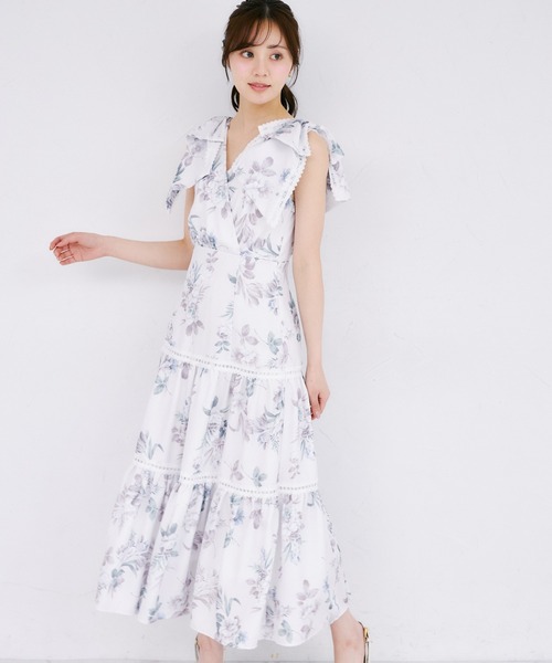 tocco closet(トッコ クローゼット)の「肩リボン付きハシゴレースティアード切り替えカシュクールワンピース(ワンピース・レディース・ネイビー/ラベンダー/ピンク・M)」の21枚目の写真