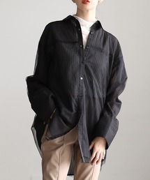 チュールレイヤードストライプ柄シアーロングシャツ