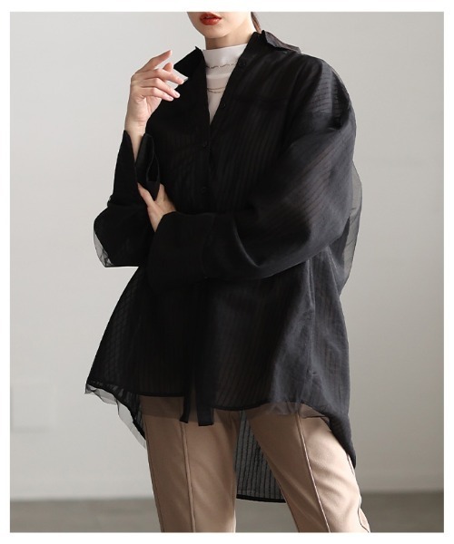 Sawa a la mode(サワアラモード)の「チュールレイヤードストライプ柄シアーロングシャツ(シャツ/ブラウス・レディース・オフホワイト/ブラック・FREE)」の15枚目の写真