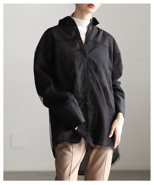 Sawa a la mode(サワアラモード)の「チュールレイヤードストライプ柄シアーロングシャツ(シャツ/ブラウス・レディース・オフホワイト/ブラック・FREE)」の19枚目の写真