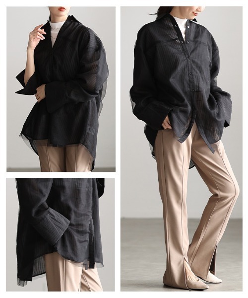 Sawa a la mode(サワアラモード)の「チュールレイヤードストライプ柄シアーロングシャツ(シャツ/ブラウス・レディース・オフホワイト/ブラック・FREE)」の20枚目の写真
