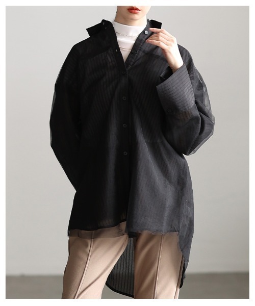 Sawa a la mode(サワアラモード)の「チュールレイヤードストライプ柄シアーロングシャツ(シャツ/ブラウス・レディース・オフホワイト/ブラック・FREE)」の22枚目の写真