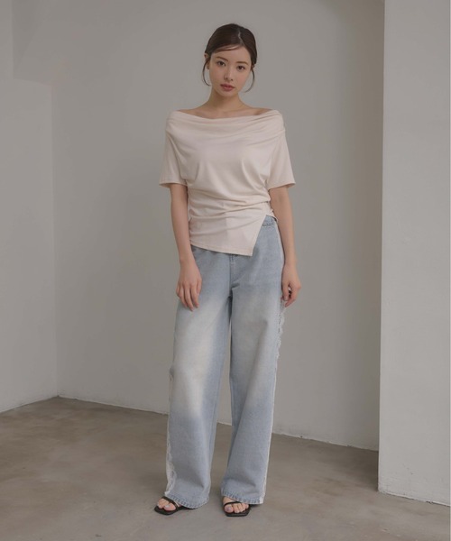 SOELA（ソエラ）の「アシメドレープ半袖トップス（Tシャツ/カットソー・レディース・チャコールグレー/ブラック/アイボリー・FREE）」の10枚目の写真