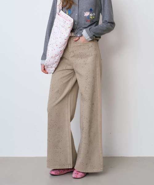 CHUN CHUN NOTES(チュンチュンノーツ)の「26SS/ラインストーンデザインワイドデニムパンツ(デニムパンツ・レディース・ベージュ/ブルー・L/M/S)」の1枚目の写真