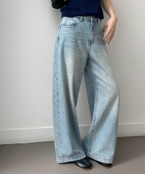 セール】26SS/ラインストーンデザインワイドデニムパンツ（デニム