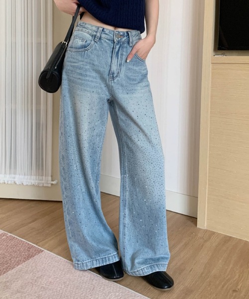 CHUN CHUN NOTES(チュンチュンノーツ)の「26SS/ラインストーンデザインワイドデニムパンツ(デニムパンツ・レディース・ベージュ/ブルー・L/M/S)」の4枚目の写真