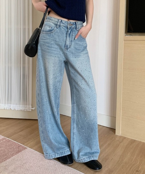 CHUN CHUN NOTES(チュンチュンノーツ)の「26SS/ラインストーンデザインワイドデニムパンツ(デニムパンツ・レディース・ベージュ/ブルー・L/M/S)」の6枚目の写真