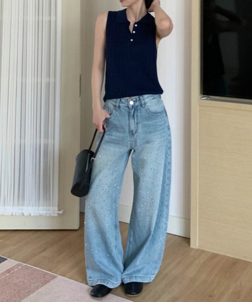 CHUN CHUN NOTES(チュンチュンノーツ)の「26SS/ラインストーンデザインワイドデニムパンツ(デニムパンツ・レディース・ベージュ/ブルー・L/M/S)」の7枚目の写真