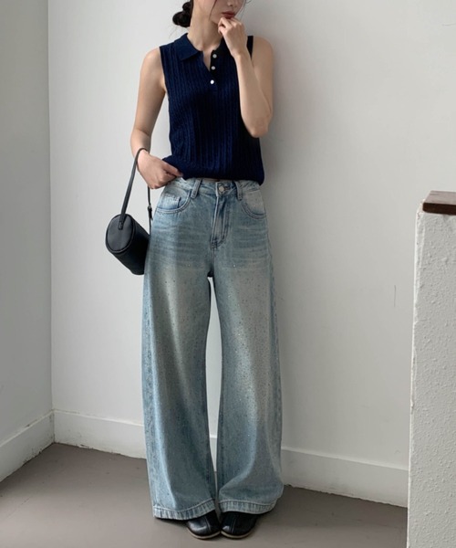 CHUN CHUN NOTES(チュンチュンノーツ)の「26SS/ラインストーンデザインワイドデニムパンツ(デニムパンツ・レディース・ベージュ/ブルー・L/M/S)」の3枚目の写真