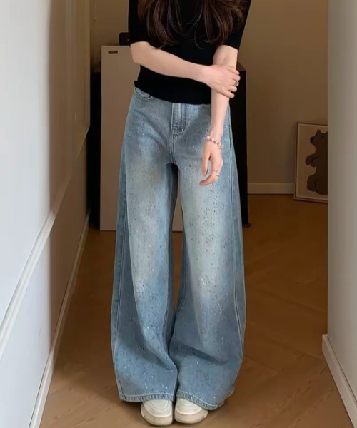 CHUN CHUN NOTES(チュンチュンノーツ)の「26SS/ラインストーンデザインワイドデニムパンツ(デニムパンツ・レディース・ベージュ/ブルー・L/M/S)」の9枚目の写真