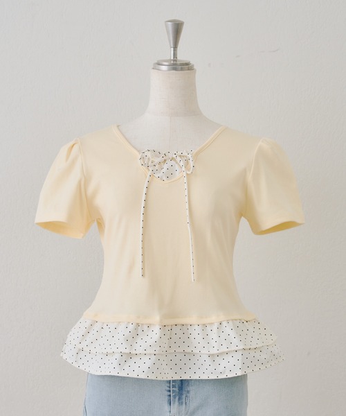 Another Branch olive des olive（アナザーブランチオリーブデオリーブ）の「裾ドットフリルＴシャツ（Tシャツ/カットソー・レディース・ピンク/ネイビー/イエロー/ブラック・FREE）」の4枚目の写真