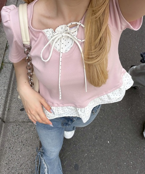 Another Branch olive des olive（アナザーブランチオリーブデオリーブ）の「裾ドットフリルＴシャツ（Tシャツ/カットソー・レディース・ピンク/ネイビー/イエロー/ブラック・FREE）」の14枚目の写真