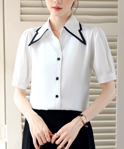 LUCPY(ラクピー)の「配色ライン襟デザイン半袖ブラウス(シャツ/ブラウス・レディース・ホワイト・X-LARGE/LARGE/MEDIUM/SMALL)」の2枚目の写真