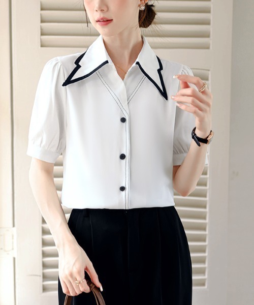 LUCPY(ラクピー)の「配色ライン襟デザイン半袖ブラウス(シャツ/ブラウス・レディース・ホワイト・X-LARGE/LARGE/MEDIUM/SMALL)」の3枚目の写真