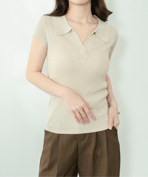 on:nue（オンニュ）の「【on:nue】[着用動画あり！] スキッパーポロリブニット（ニット/セーター・レディース・アイボリー/イエロー/ブルー/杢グレー/ブラック・FREE）」の7枚目の写真