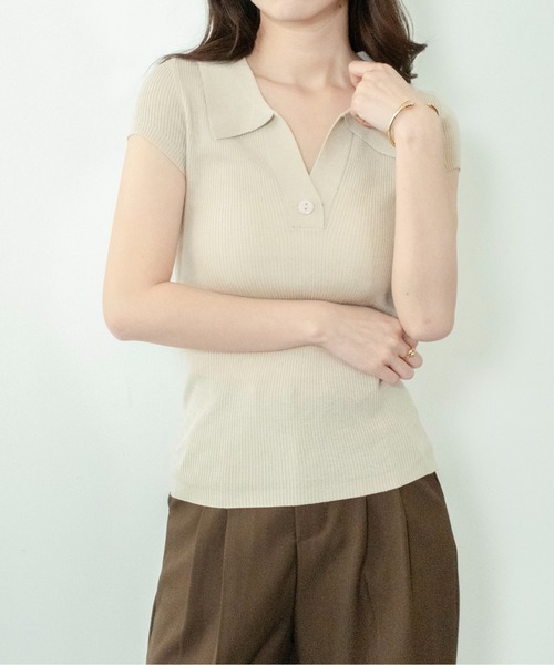 on:nue（オンニュ）の「【on:nue】[着用動画あり！] スキッパーポロリブニット（ニット/セーター・レディース・アイボリー/イエロー/ブルー/杢グレー/ブラック・FREE）」の8枚目の写真