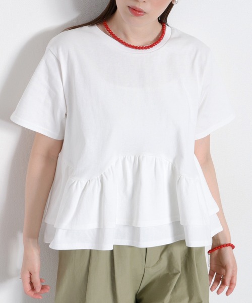 cepo(セポ)の「ショートスリーブペプラムトップス(Tシャツ/カットソー・レディース・オフホワイト/グレー/ブラック・M)」の1枚目の写真