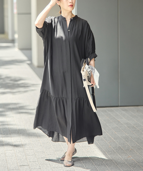 journal standard L'essage(ジャーナルスタンダードレサージュ)の「《手洗い可》シアーシルクミックスタックワンピース(ワンピース・レディース・ブラック/ブルー系その他/ブラウン・FREE)」の4枚目の写真