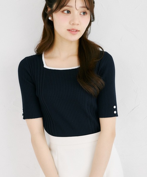 tocco closet(トッコ クローゼット)の「【ZOZO限定】接触冷感スクエアネック配色リブニットトップス(Tシャツ/カットソー・レディース・ネイビー/オフホワイト/ピンク・M)」の1枚目の写真