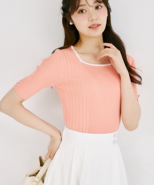 tocco closet(トッコ クローゼット)の「【ZOZO限定】接触冷感スクエアネック配色リブニットトップス(Tシャツ/カットソー・レディース・ネイビー/オフホワイト/ピンク・M)」の3枚目の写真