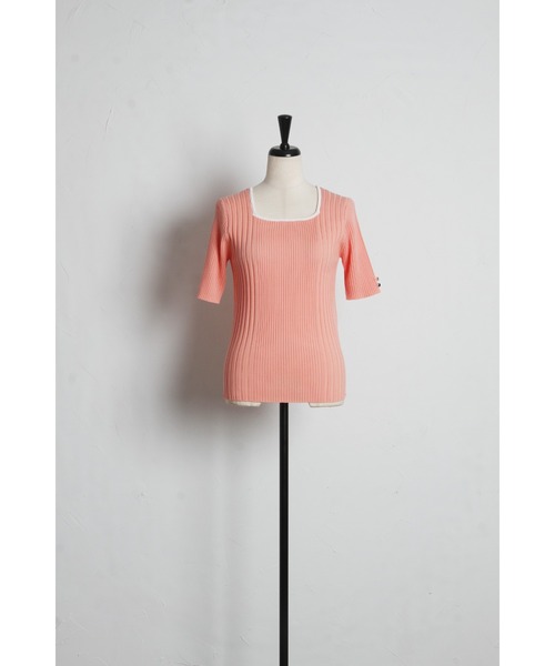tocco closet(トッコ クローゼット)の「【ZOZO限定】接触冷感スクエアネック配色リブニットトップス(Tシャツ/カットソー・レディース・ネイビー/オフホワイト/ピンク・M)」の4枚目の写真