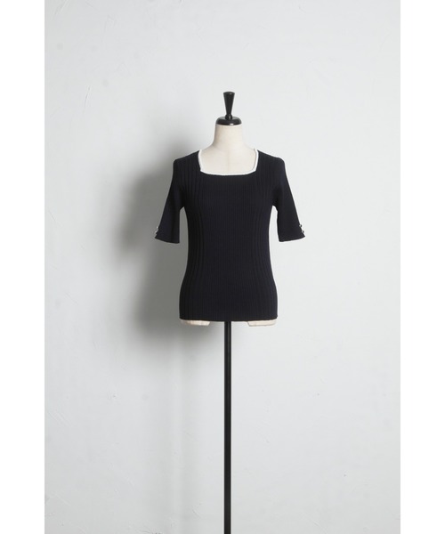 tocco closet(トッコ クローゼット)の「【ZOZO限定】接触冷感スクエアネック配色リブニットトップス(Tシャツ/カットソー・レディース・ネイビー/オフホワイト/ピンク・M)」の5枚目の写真