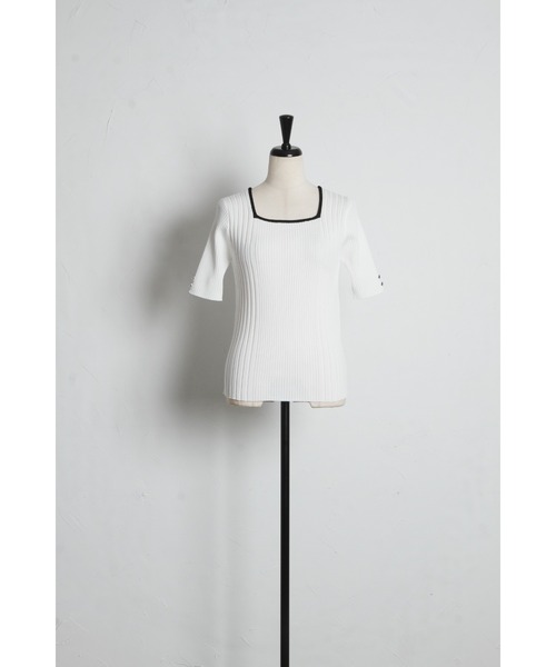 tocco closet(トッコ クローゼット)の「【ZOZO限定】接触冷感スクエアネック配色リブニットトップス(Tシャツ/カットソー・レディース・ネイビー/オフホワイト/ピンク・M)」の6枚目の写真