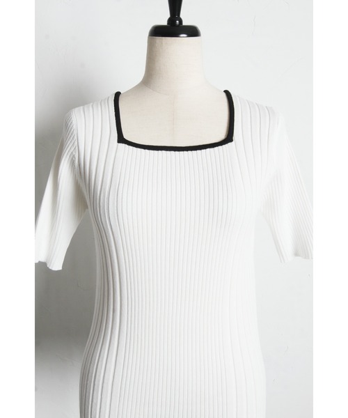 tocco closet(トッコ クローゼット)の「【ZOZO限定】接触冷感スクエアネック配色リブニットトップス(Tシャツ/カットソー・レディース・ネイビー/オフホワイト/ピンク・M)」の9枚目の写真