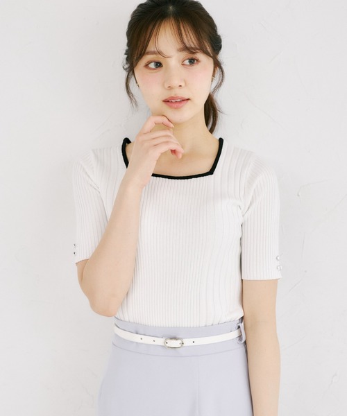 tocco closet(トッコ クローゼット)の「【ZOZO限定】接触冷感スクエアネック配色リブニットトップス(Tシャツ/カットソー・レディース・ネイビー/オフホワイト/ピンク・M)」の16枚目の写真